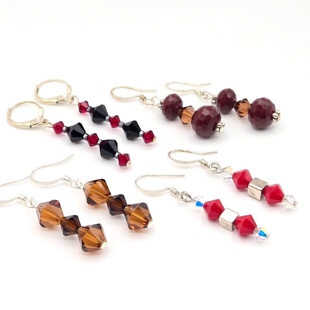 4 Pair Handmade Crystal Bead Dangle Earrings Red Black Brown‎ Silver Tone Hooks